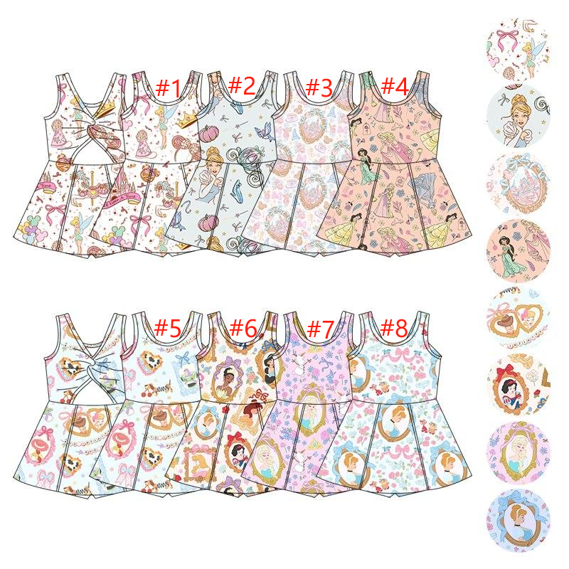 (Custom Design Preorder MOQ 5 Each Item) 5-8 Styles Cartoon Princess Print Backless Shorts Skirts Girls Summer Yoga Dress