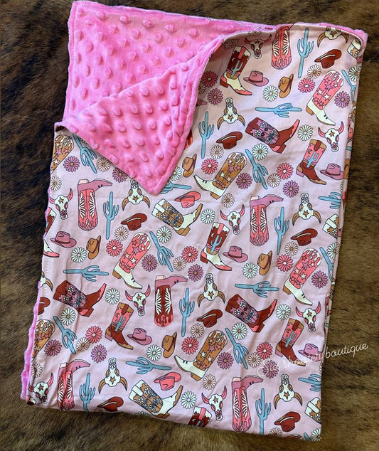 (Custom Design Preorder MOQ 5) Boots Flowers Print Baby Girls Western Minky Blanket