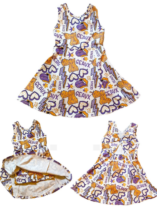 (Custom Design Preorder MOQ 5) Team's GEAUX Purple Print Backless Top Shorts Skirts Girls Summer Yoga Dress