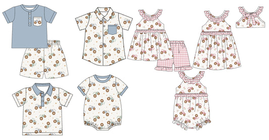 12.23 (Custom Design Preorder MOQ 5 Each Design) Tractors Farm Print Kids Summer Matching Clothes Sibling Wear