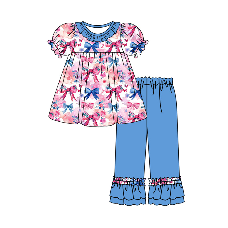 (Custom Design Preorder MOQ 5) Bows Hotpink Flowers Tunic Top Blue Pants Girls Clothes Set