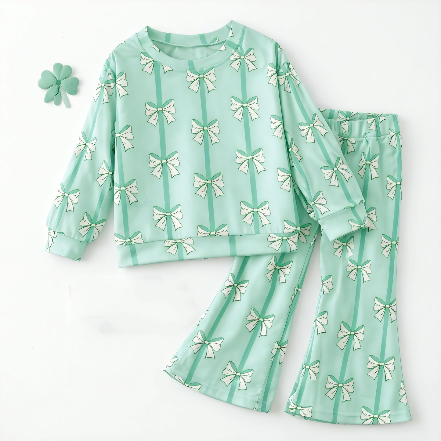 (Custom Design Preorder MOQ 5) Green Bows Bell Pants Girls St. Patrick's Day Clothes Set