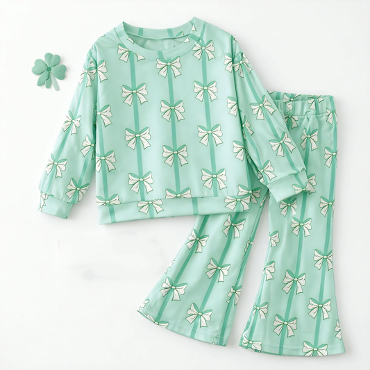 (Custom Design Preorder MOQ 5) Green Bows Bell Pants Girls St. Patrick's Day Clothes Set