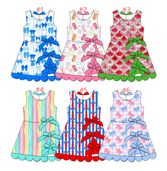 2026.1.19 (Custom Design Preorder MOQ 5) Bows Stripes Print Girls Summer Knee Length Dress Sisters Wear