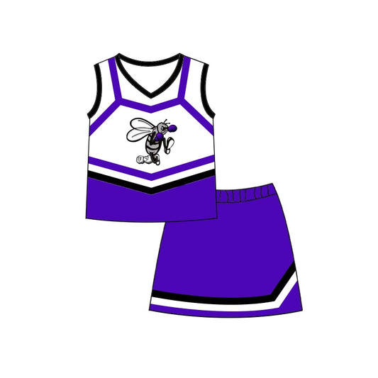(Custom Design Preorder MOQ 5 ) Team's Bee Print Purple Skirts Girls Summer Clothes Set