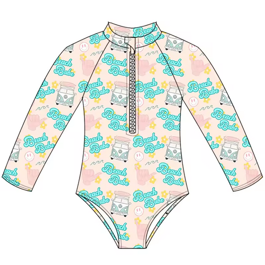 (Custom Design Preorder MOQ 5)  Beach Babe Camper Print Girls 1 Piece Long Sleeve Zipper Swimsuits