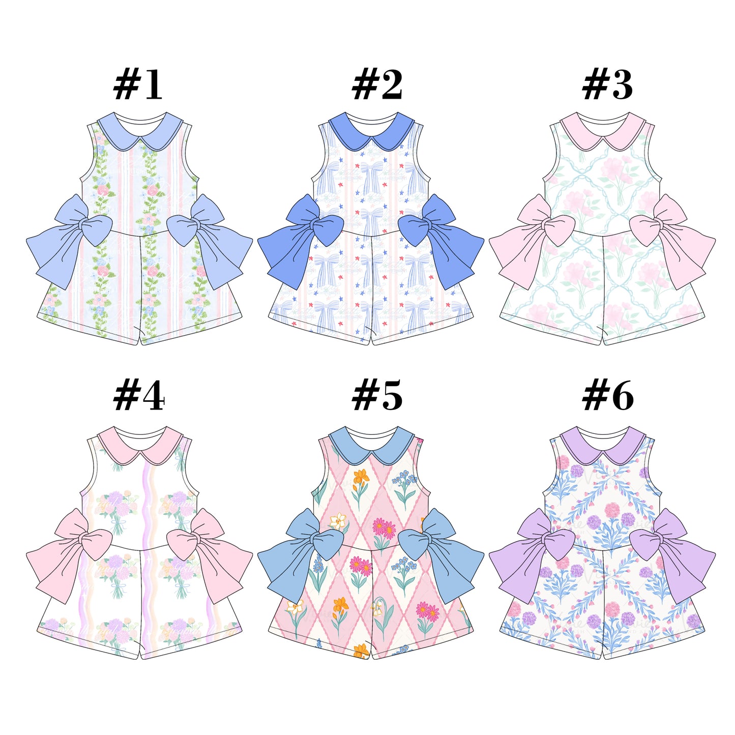 4.1(Custom Design Preorder MOQ 5 Per Item ) 6 Colors Flowers Bows Print Girls Summer Jumpsuits Sisters Wear