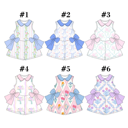 4.1(Custom Design Preorder MOQ 5 Per Item ) 6 Colors Flowers Bows Print Girls Summer Jumpsuits Sisters Wear