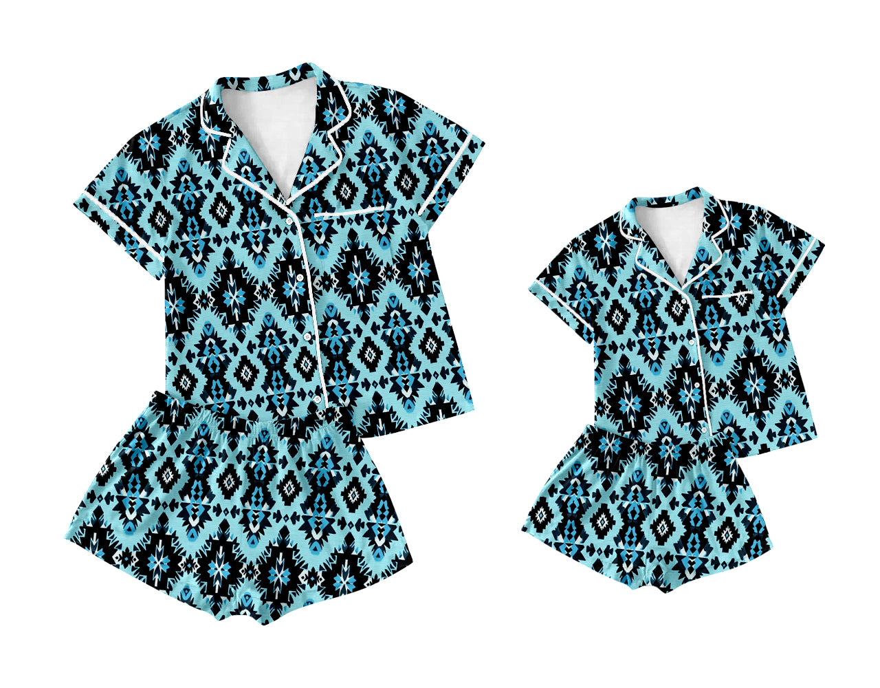 1.7(Custom Design Preorder MOQ 5 Each Design) Blue Aztec Western Print Buttons Pajamas Sets Mom and Me Summer Matching Clothes