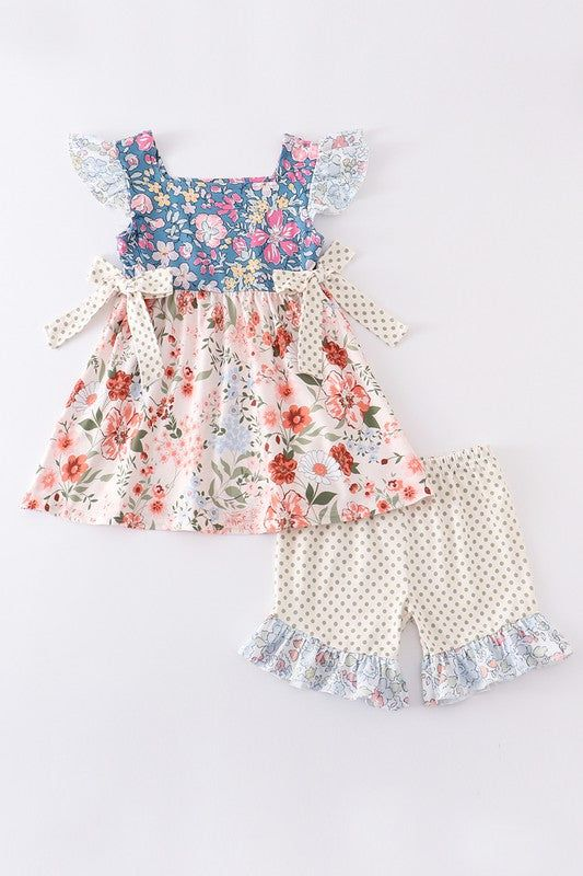 (Custom Design Preorder MOQ 5)  Flowers Print Girls Summer Clothes Set