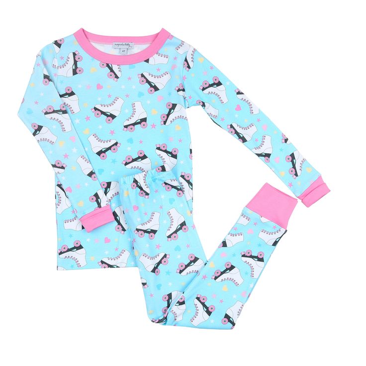 (Custom Design Preorder MOQ 5) Roller Skates Print Girls Fall Pajamas Clothes Set