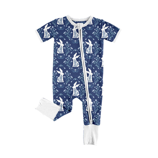 (Custom Design Preorder MOQ 5)  Bunny Flowers Navy Print Baby Girls Easter Bamboo Sleeper Zipper Romper