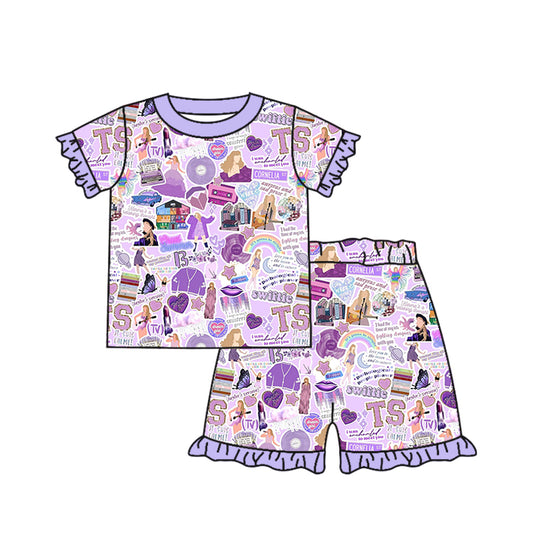 (Custom Design Preorder MOQ 5) Purple Singer Print Girls Summer Pajamas Clothes Set