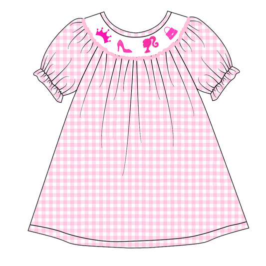 (Custom Design Preorder MOQ 5) Pink BA Plaid Print Girls Knee Length Summer Dress