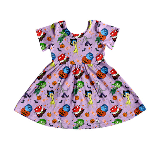 (Custom Design Preorder MOQ 5) Cartoon Figure Inside Out Pumpkin Print Girls Knee Length Fall Dress