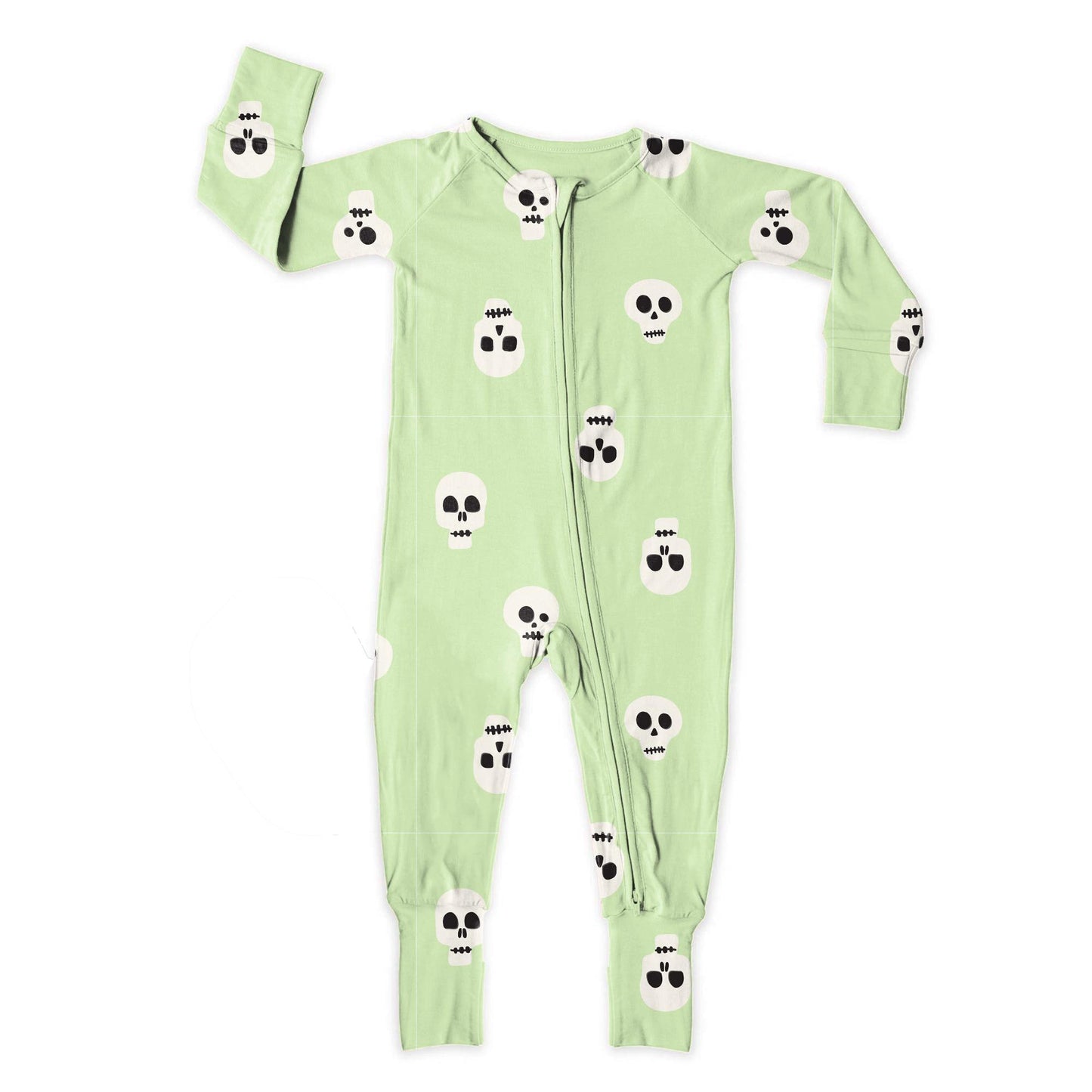 (Custom Design Preorder MOQ 5)  Skull Green Print Baby Boys Halloween Sleeper Zipper Romper