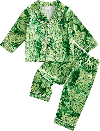 (Custom Design Preorder MOQ 5) Green Print Kids Fall Buttons Pajamas Clothes Set