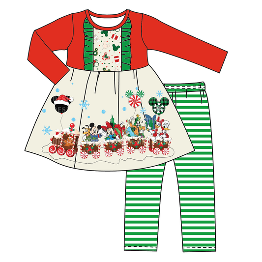 (Custom Design Preorder MOQ 5) Cartoon Mouse Train Tunic Top Stripes Pants Girls Christmas Clothes Set