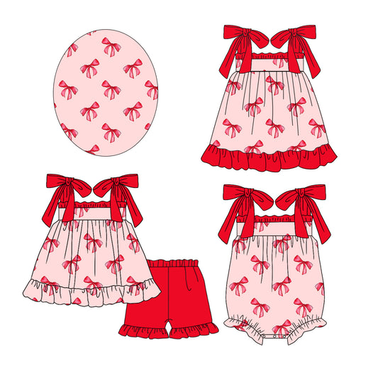 11.22(Custom Design Preorder MOQ 5 Each Design) Red Bows Print Girls Summer Matching Clothes Sisters Wear