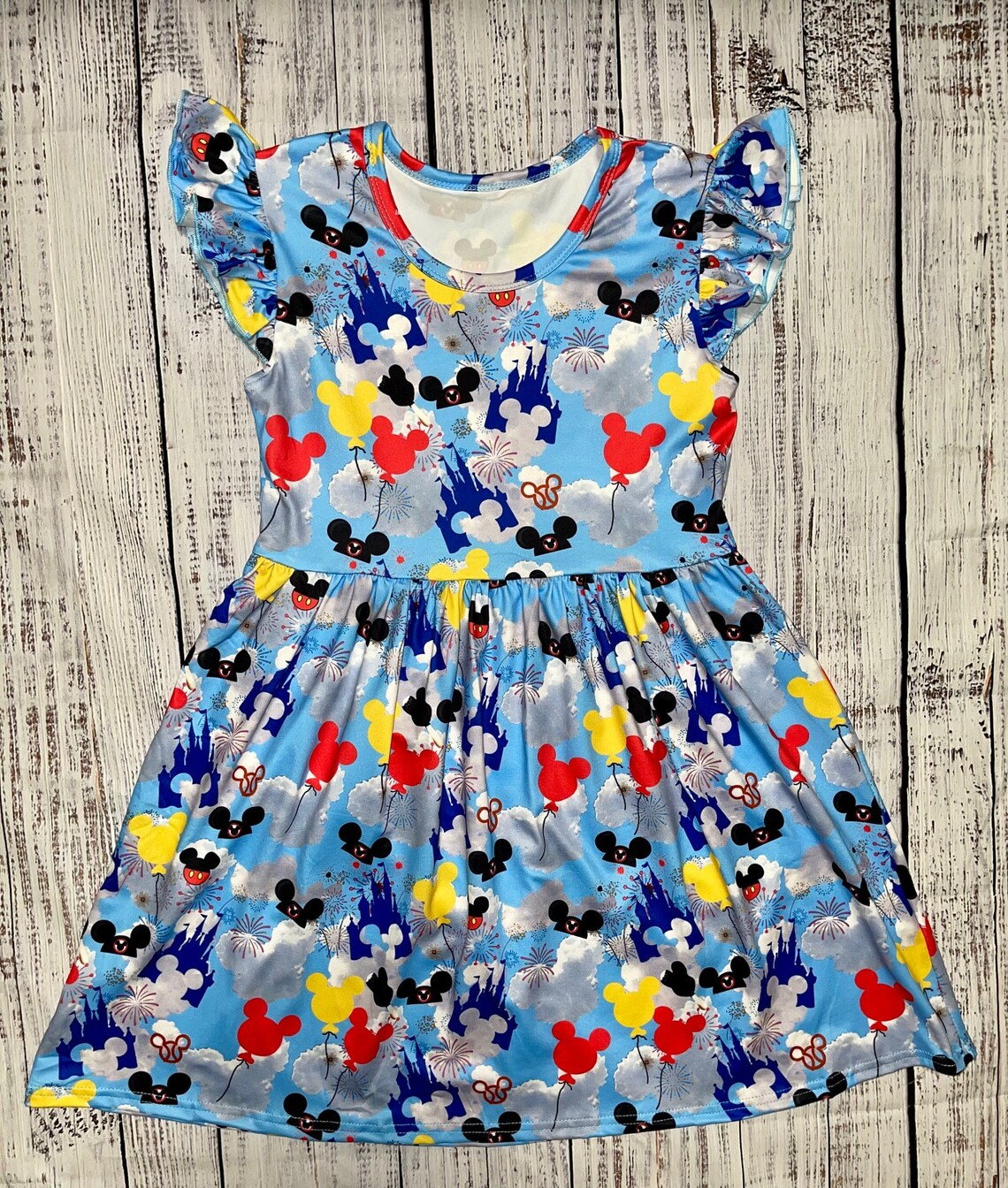 (Custom Design Preorder MOQ 5) Cartoon Mouse Print Girls Knee Length 4th of July Dress