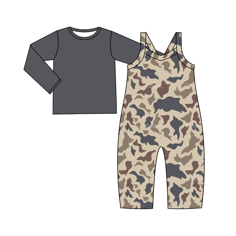 (Custom Design Preorder MOQ 5) Dark Gray Top Camo Jumpsuit Girls Fall Clothes Set