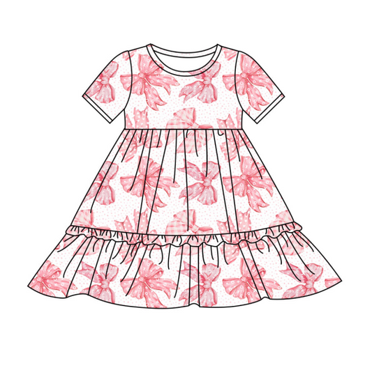 (Custom Design Preorder MOQ 5) Pink Bows XO Print Girls Valentine's Day Knee Length Dress