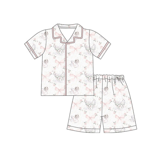12.10 (Custom Design Preorder MOQ 5)  Bunny Bows Print Girls Easter Buttons Pajamas Clothes Set