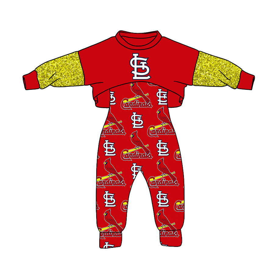 (Custom Design MOQ 5)  NO.20 Red Football Team's Print Girls Jumpsuits Clothes Set