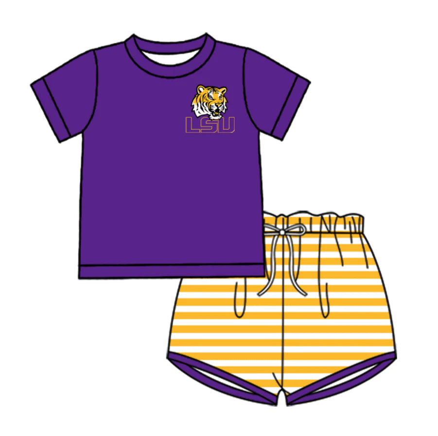 (Custom Design Preorder MOQ 5 Each Design) Team's LSU Tigers Stripes Print Boys Summer Matching Clothes Brothers Wear