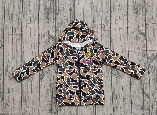 (Custom Design Preorder MOQ 5 Each Item) Team's LSU Tigers Brown Camo Print Kids Fall Zipper Hoodie Jackets Top Mom and Me Matching Clothes