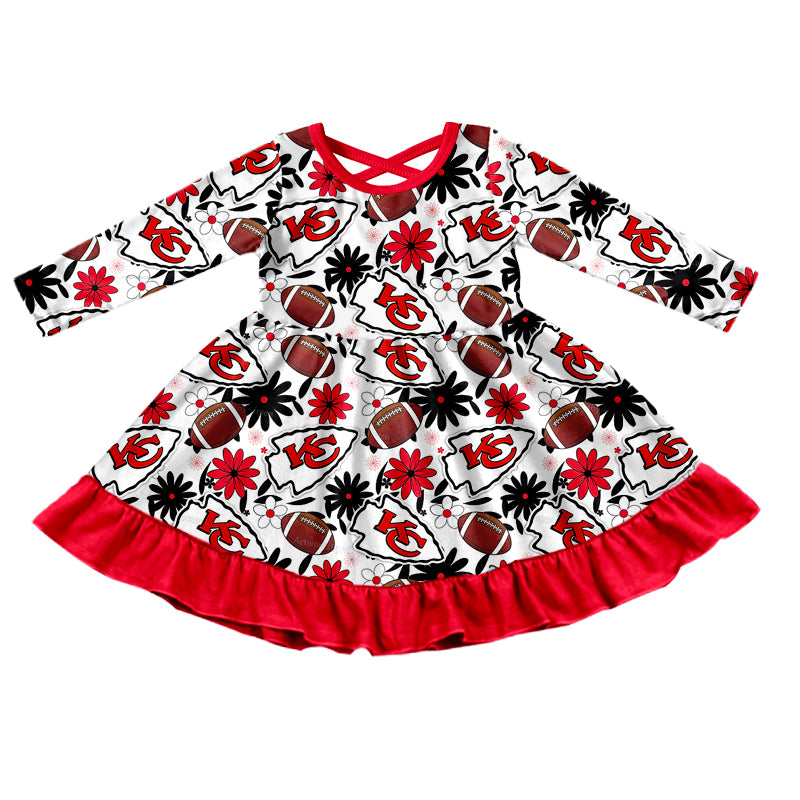 (Custom Design Preorder MOQ 5)  Team's KC Flowers Print Girls Fall Knee Length Ruffle Dress