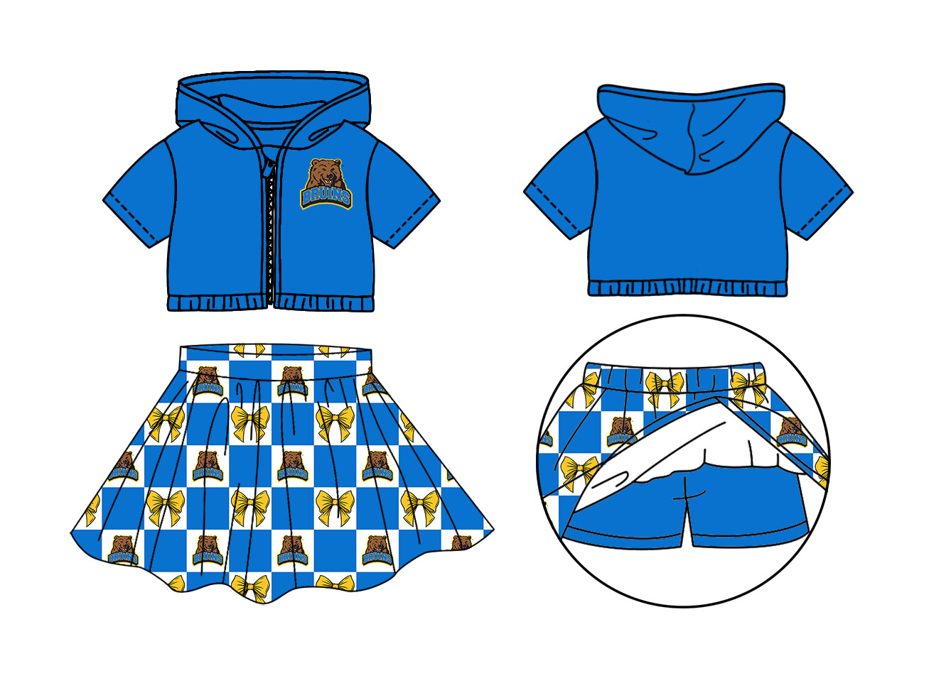 (Custom Design Preorder MOQ 5 Each Color) Team's UCLA Bruins Bows Plaid Print Girls Summer Clothes Sisters Matching Wear