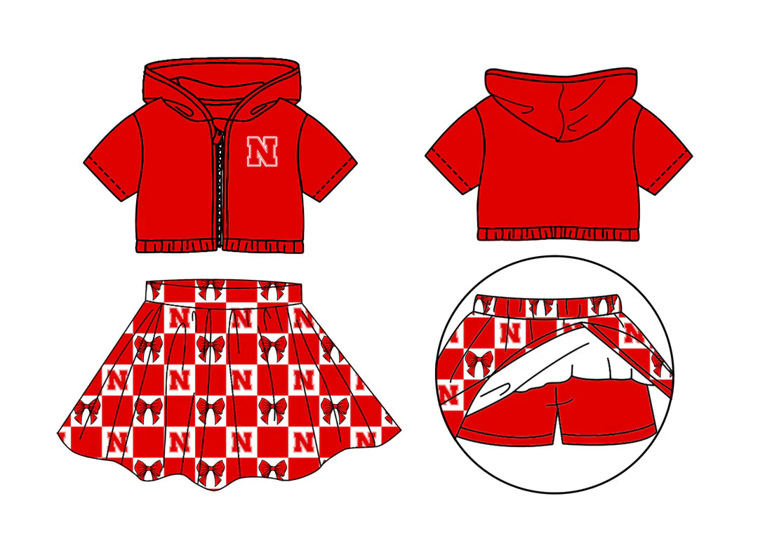 (Custom Design Preorder MOQ 5 Each Color) Team's N Red Bows Plaid Print Girls Summer Clothes Sisters Matching Wear