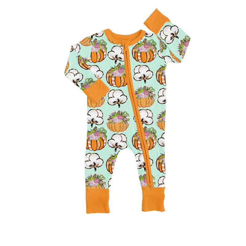 (Custom Design Preorder MOQ 5) NO.20 Pumpkin Print Baby Zip Romper