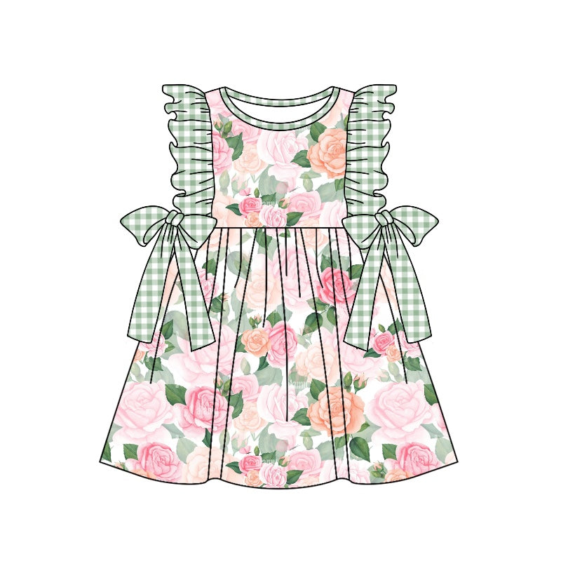 (Custom Design Preorder MOQ 5) Green Flowers Print Girls Knee Length Summer Dress