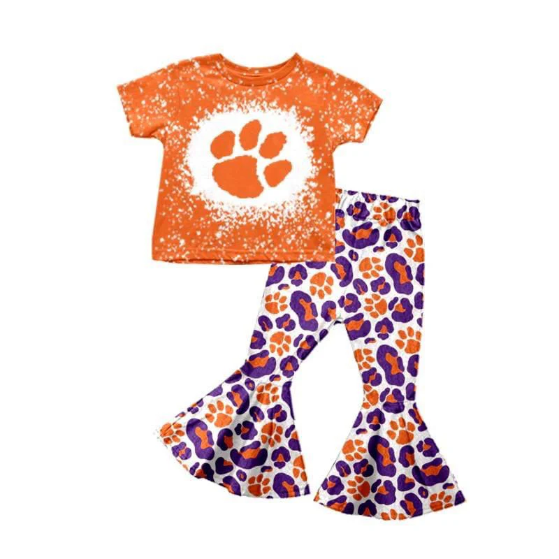 (Custom Design Preorder MOQ 5) Team's Paw Orange Top Leopard Bell Pants Girls Clothes Set