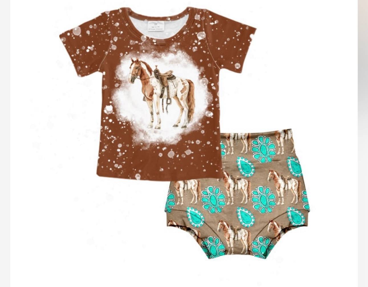 (Custom Design Preorder MOQ 5) Turquoise Horse Print Shorts Baby Girls Summer Western Bummie Set