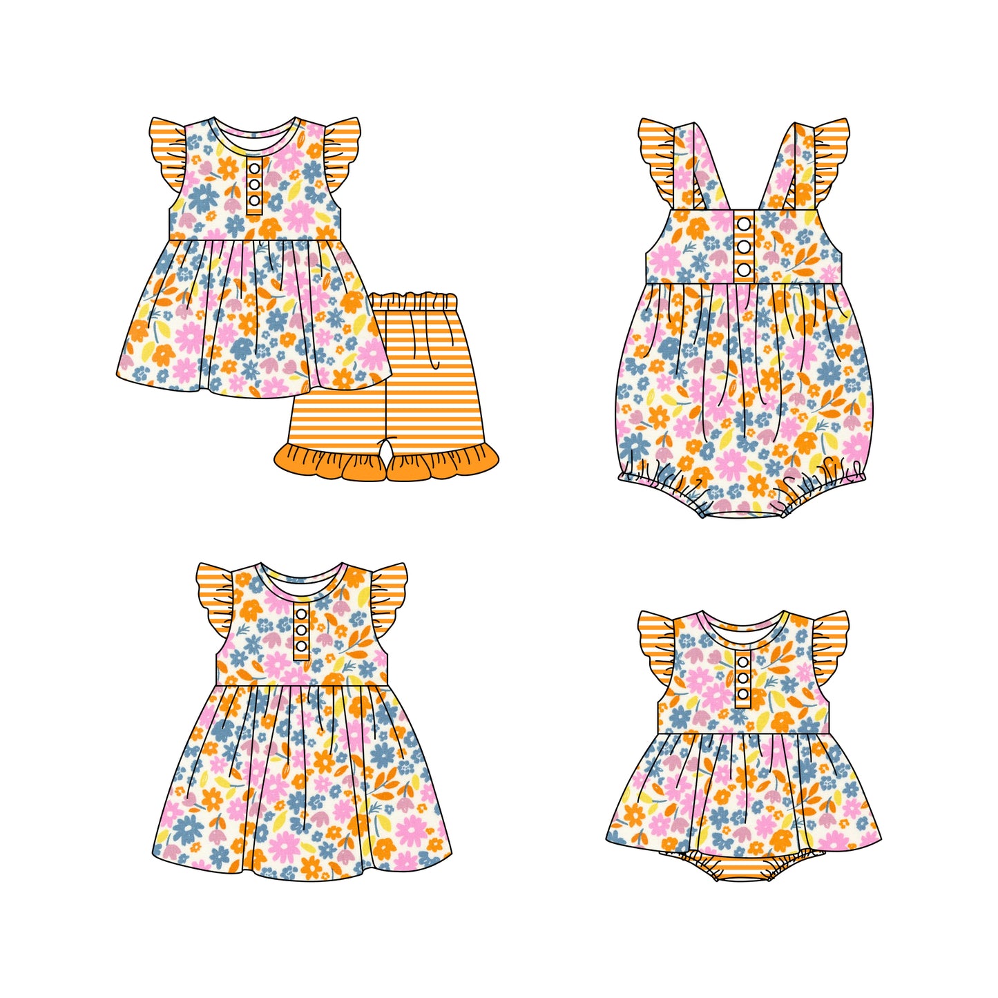 11.16(Custom Design Preorder MOQ 5 Each Design) Orange Flowers Print Girls Summer Matching Clothes Sibling Wear