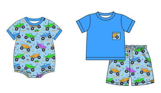 12.5 (Custom Design Preorder MOQ 5 Each Design) Monster Trucks Blue Print Boys Summer Matching Clothes Brothers Wear