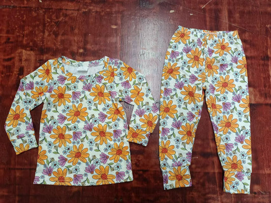 (Custom Design Preorder MOQ 3 ) Sunflowers Print Girls Pajamas Clothes Set