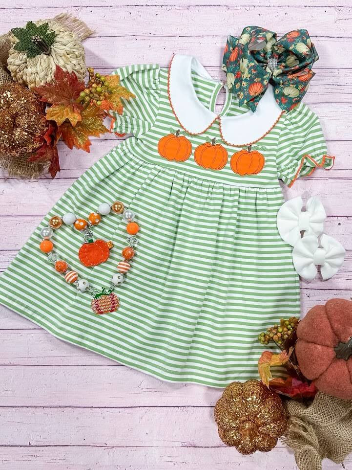 (Custom Design Preorder MOQ 5) Pumpkin Green Stripes Print Girls Knee Length Fall Dress