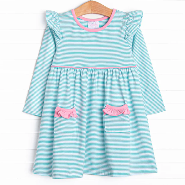 (Custom Design Preorder MOQ 5)  Blue Stripes Print Girls Knee Length Fall Dress