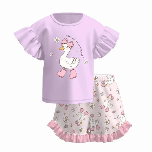 (Custom Design Preorder MOQ 5) Goose Flowers Top Ruffle Shorts Girls Summer Clothes Set