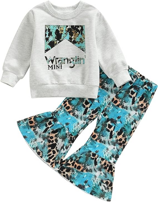 (Custom Design MOQ 5) Aqua Cow Leopard Print Girls Bell Pants Western Clothes Set