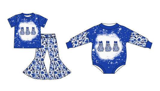 5.6(Custom Design Preorder MOQ 5 Each Design) Ghost Blue Flowers Print Girls Halloween Matching Clothes Sisters Wear