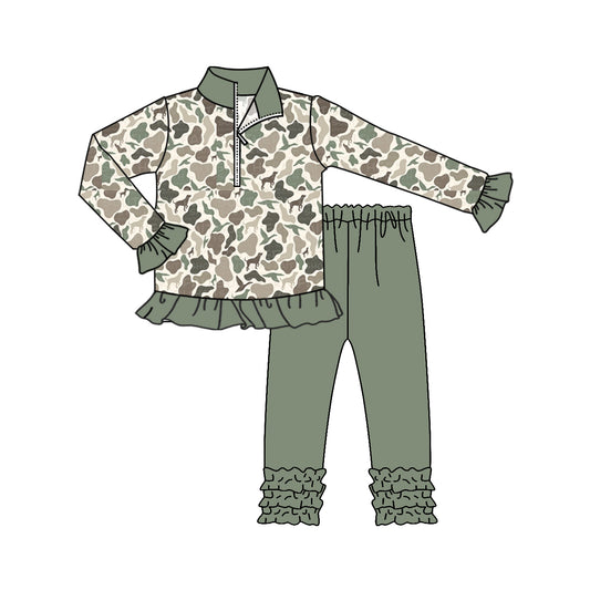 (Custom Design Preorder MOQ 5)  Camo Print Pullover Top Ruffle Pants Girls Fall Clothes Set