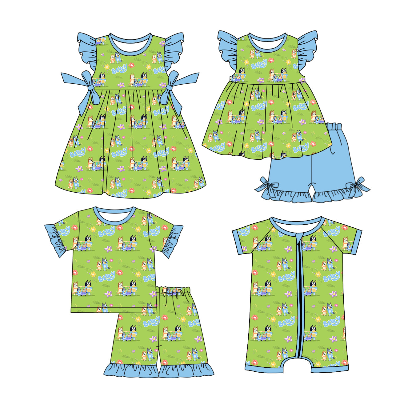 1.7(Custom Design Preorder MOQ 5 Each Design) Cartoon Dog Green Print Girls Summer Matching Clothes Sisters Wear