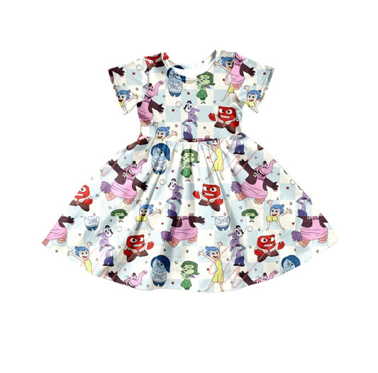 (Custom Design Preorder MOQ 5) Cartoon Figure Inside Out Print Girls Knee Length Dress