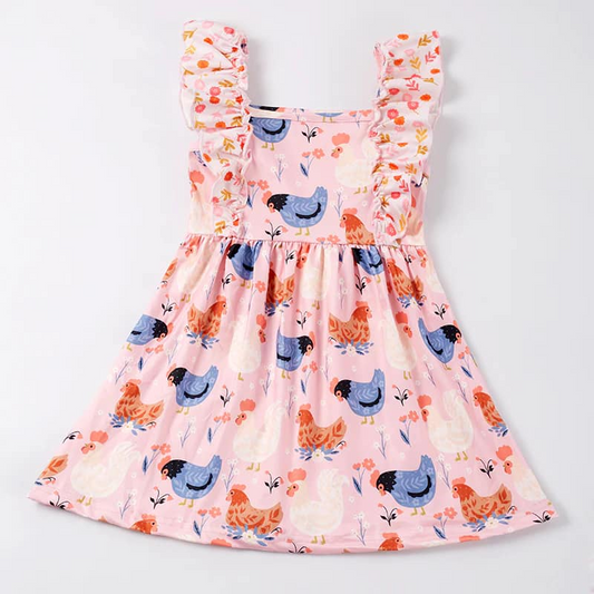 (Custom Design Preorder MOQ 5) Pink Flowers Chicken Print Girls Knee Length Summer Dress