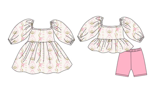 12.9 (Custom Design Preorder MOQ 5 Each Design) Pink Flowers Bunny Print Girls Summer Matching Clothes Sisters Wear